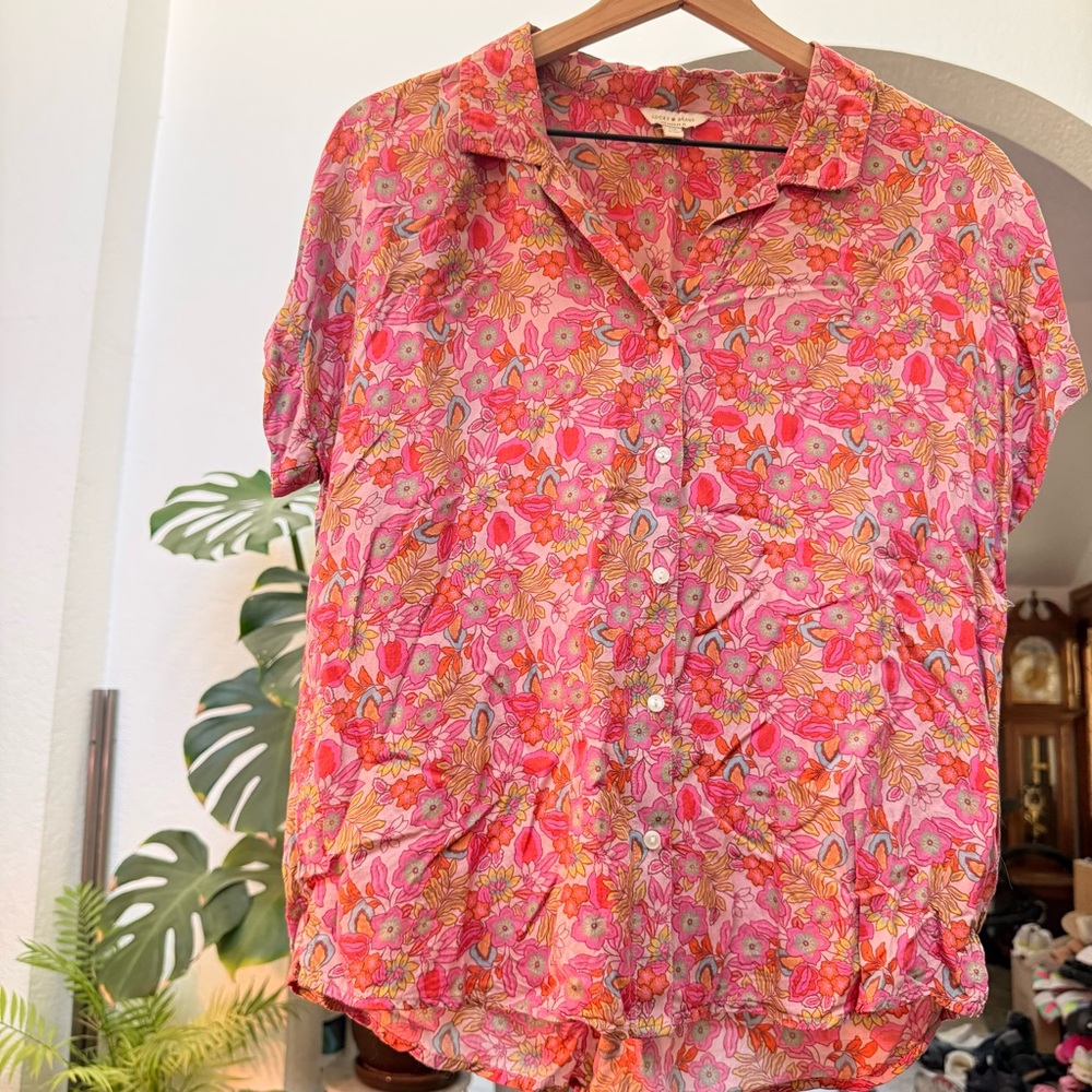 Lucky Brand Floral Button-Up Blouse Pink Size S Lightweight Spring Summer